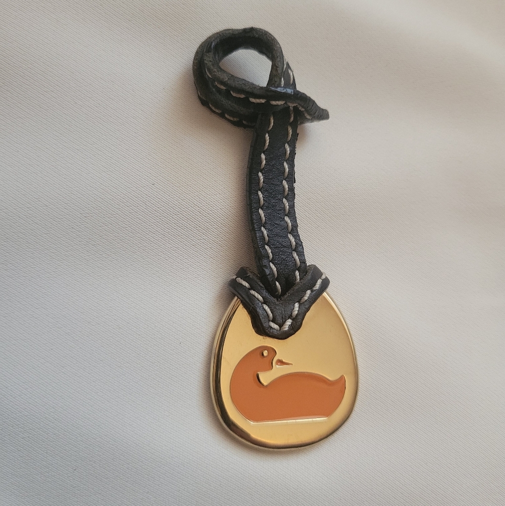 DOONEY & BOURKE Orange DUCK Black Leather Brass Fob Bag Charm Keychain Hang Tag